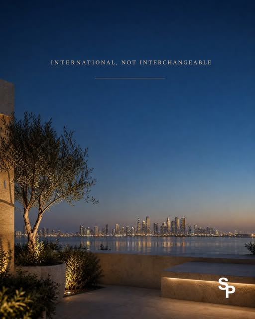 Original Solara creative reading International, Not Interchangeable, showing a dusk waterfront skyline, landscaped foreground and the Solara SP mark