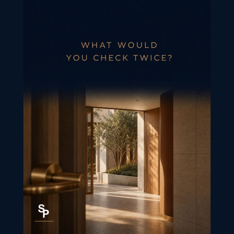 Square original Solara LinkedIn creative reading What Would You Check Twice?, with an interior doorway and Solara SP mark