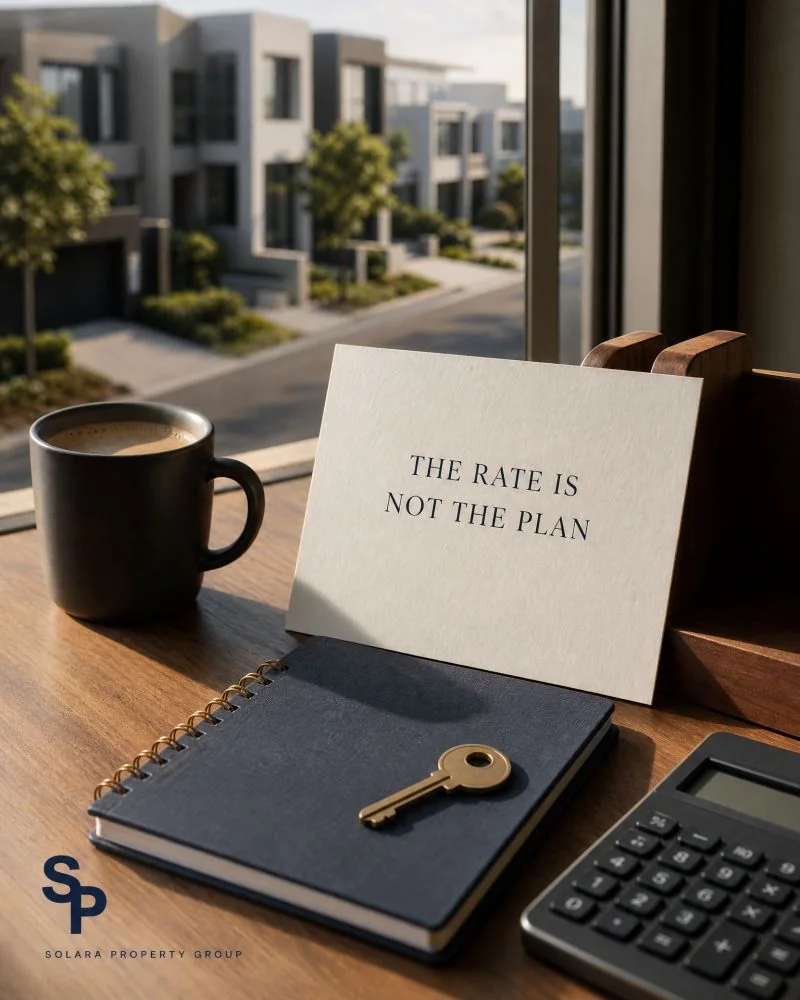 Solara LinkedIn update showing a home-planning notebook, key and calculator