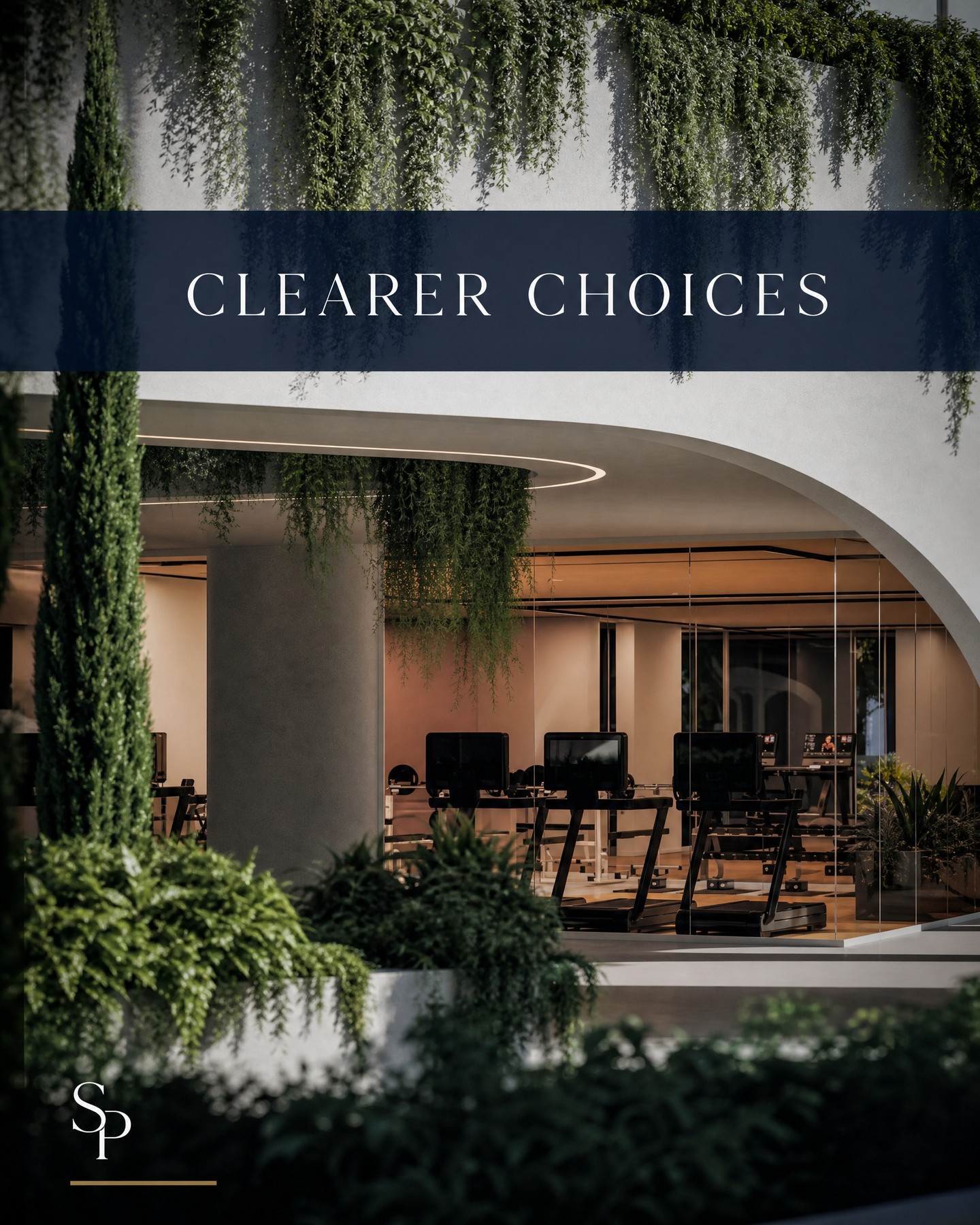 Original Solara creative reading Clearer Choices, showing landscaping and a gym interior with the Solara SP mark